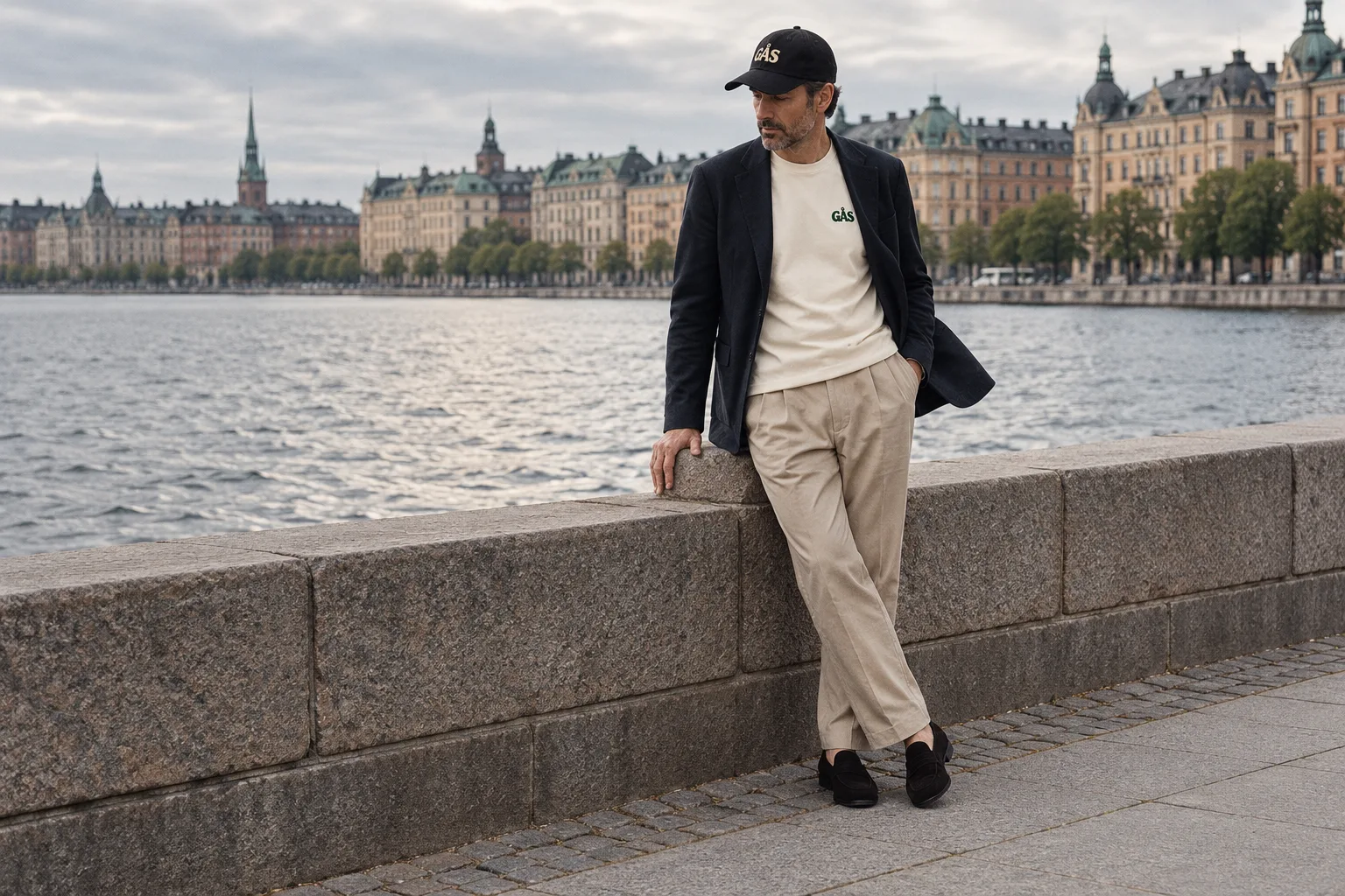 Stylingkoncept: svart GÅS-keps och t-shirt med kavaj vid kajen.
